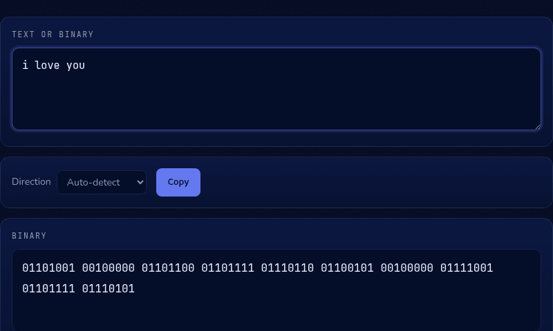 Binary Translator with "i love you" entered, showing the encoded 8-bit binary output with a Copy button