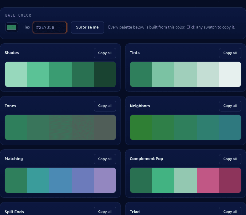 Color Palette tool with a green base color entered, showing Shades, Tints, Tones, Neighbors, Matching, and Complement Pop palette rows with Copy all buttons