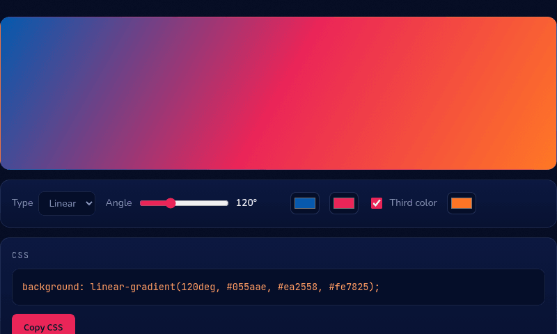 CSS Gradient tool showing a blue-to-crimson-to-orange linear gradient preview with the generated background CSS and a Copy CSS button