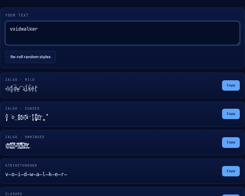 Glitch Text tool with "voidwalker" entered, showing zalgo mild, cursed, and unhinged intensity variants plus a strikethrough style
