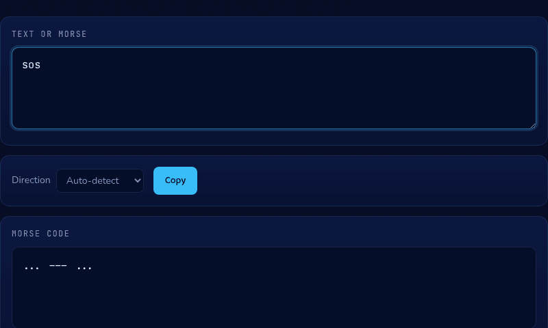 Morse Code translator showing "sos" encoded as three dots, three dashes, three dots with auto-detect direction